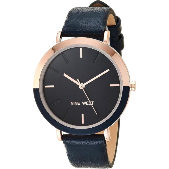 Women\'s Faux Leather Strap Navy/Gold Tone Buckle Closure Crystal Lens Watch